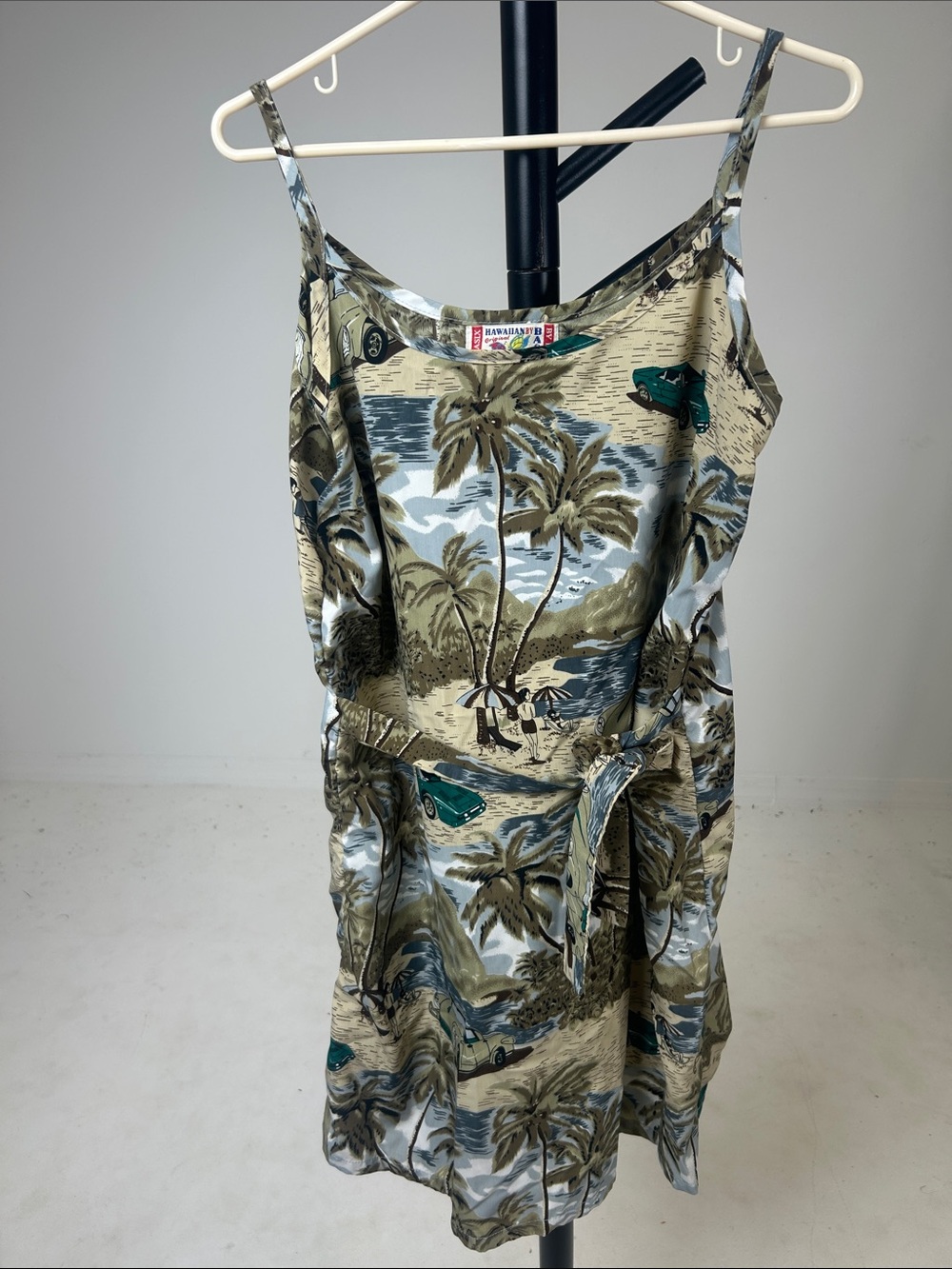 Palm-Print Midi Dress with Tie Waist in Olive Green